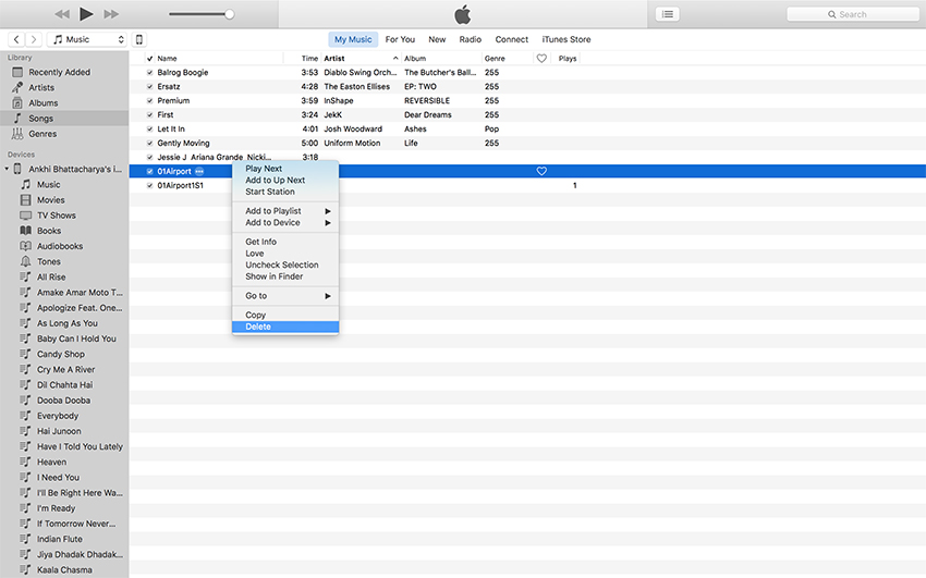 How to Delete songs from iPod and iTunes completely-select “Delete”