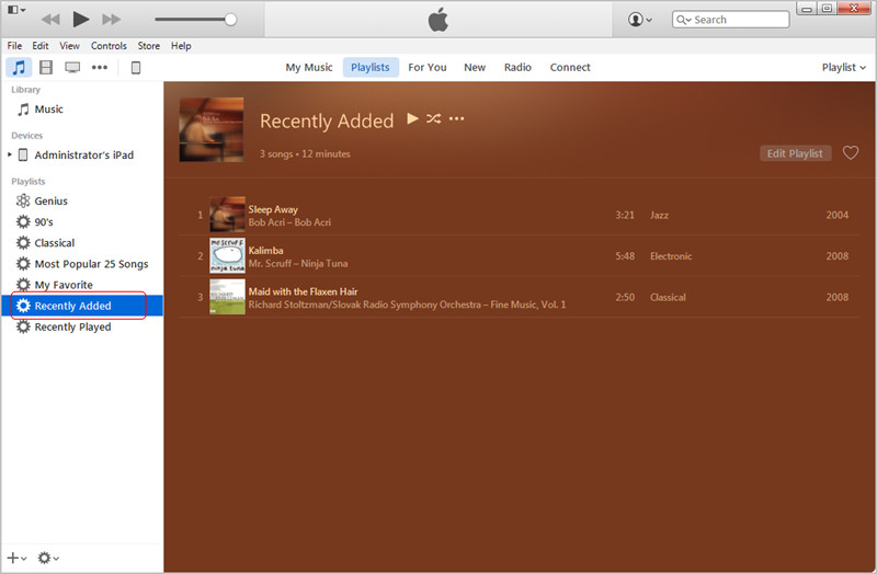Transferir MP3 para iPad com iTunes: Recentemente Adicionados