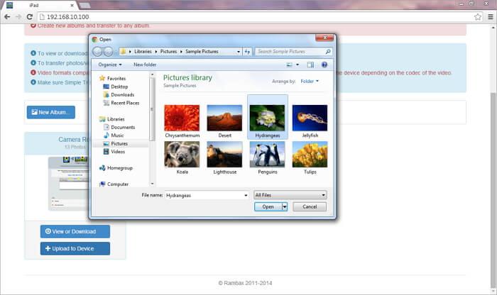 Übertragen von Bildern vom Computer auf das ipad durch Auswahl des Upload-Gerätes