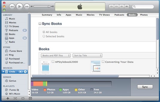 使用iTunes将PDF文件从PC传输到iPad  - 单击Books并单击Sync